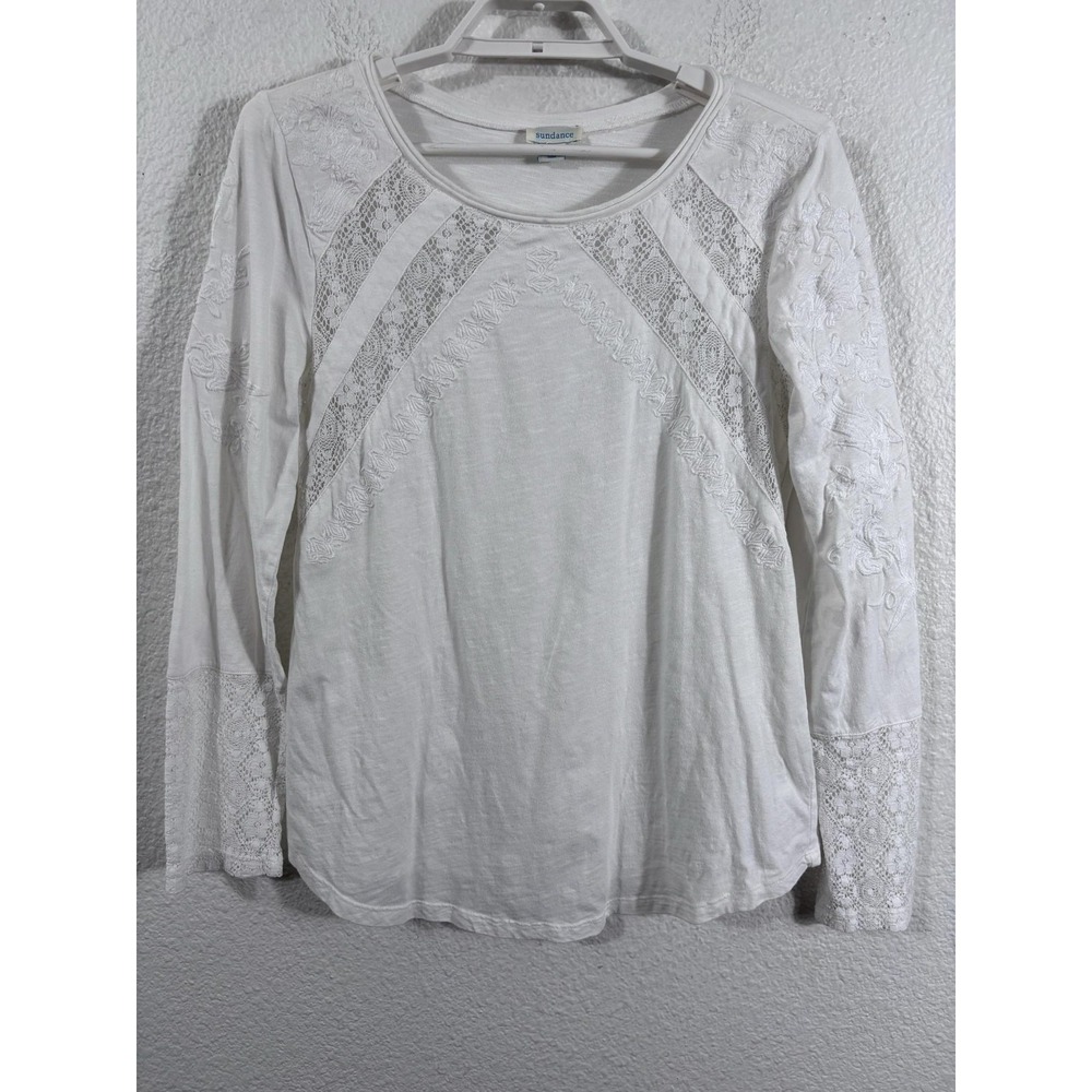 Sundance Shirt Womens Medium White Lace Embroidered Long Sleeve Jersey Top